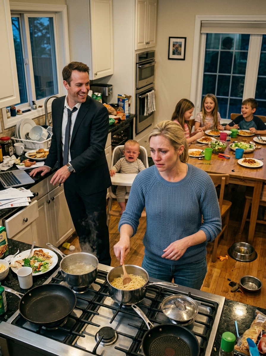 Woman cooking while children cry 202606021002